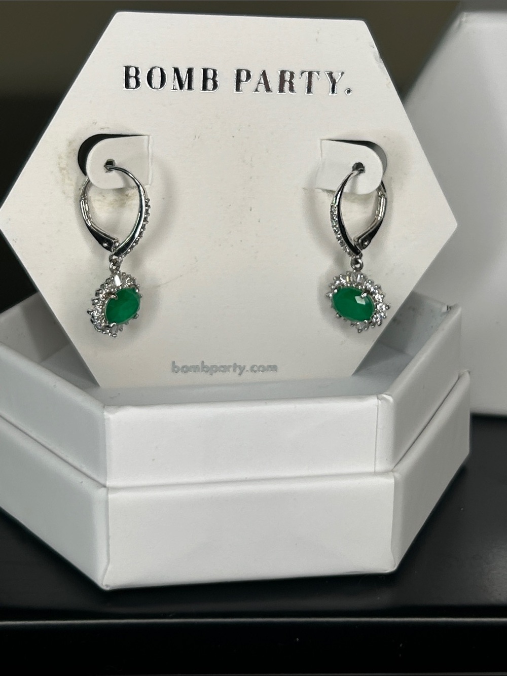 Bomb Party Found My Forever - Silver Drop Earrings with Green Stones - Picture 2 of 6